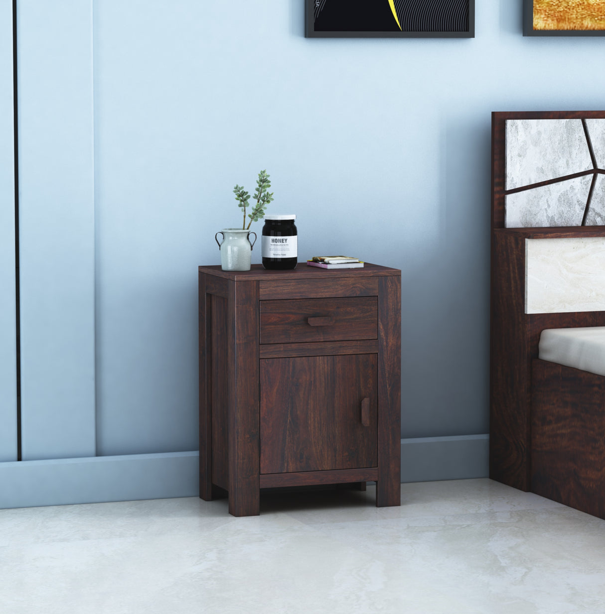 Akon Solid Sheesham Wood Bedside With Drawer and Door Storage - 3 Years Warranty