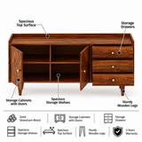 Wave Solid Sheesham Wood Sideboard Storage Unit With Two Doors and Three Drawers - 3 Years Warranty