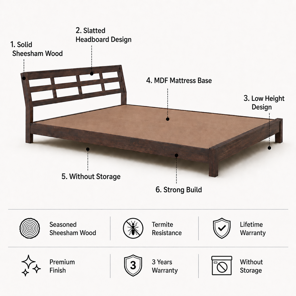 LATIN New Low Height Solid Sheesham Wood Bed Without Storage - 3 Years Warranty features