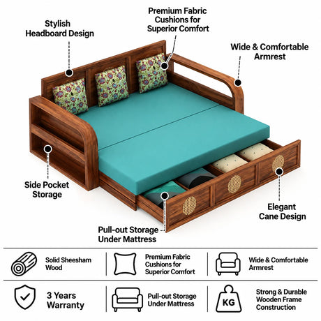 COSMOS Solid Sheesham Wood 3 Seater Sofa Cum Bed with Headboard Design - 3 years Warranty