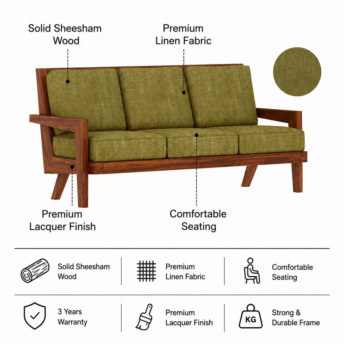 AURA Solid Sheesham Wood 3 Seater Sofa - 3 Year Warranty (LUXE EDITION)