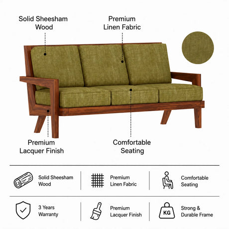 AURA Solid Sheesham Wood 3 Seater Sofa - 3 Year Warranty (LUXE EDITION)