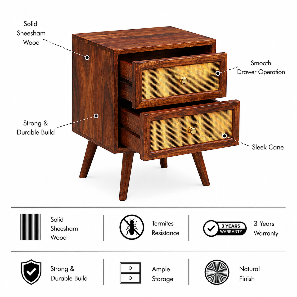 Syrus Solid Sheesham Wood Two Drawer Bedside Cane - 3 Years Warranty features