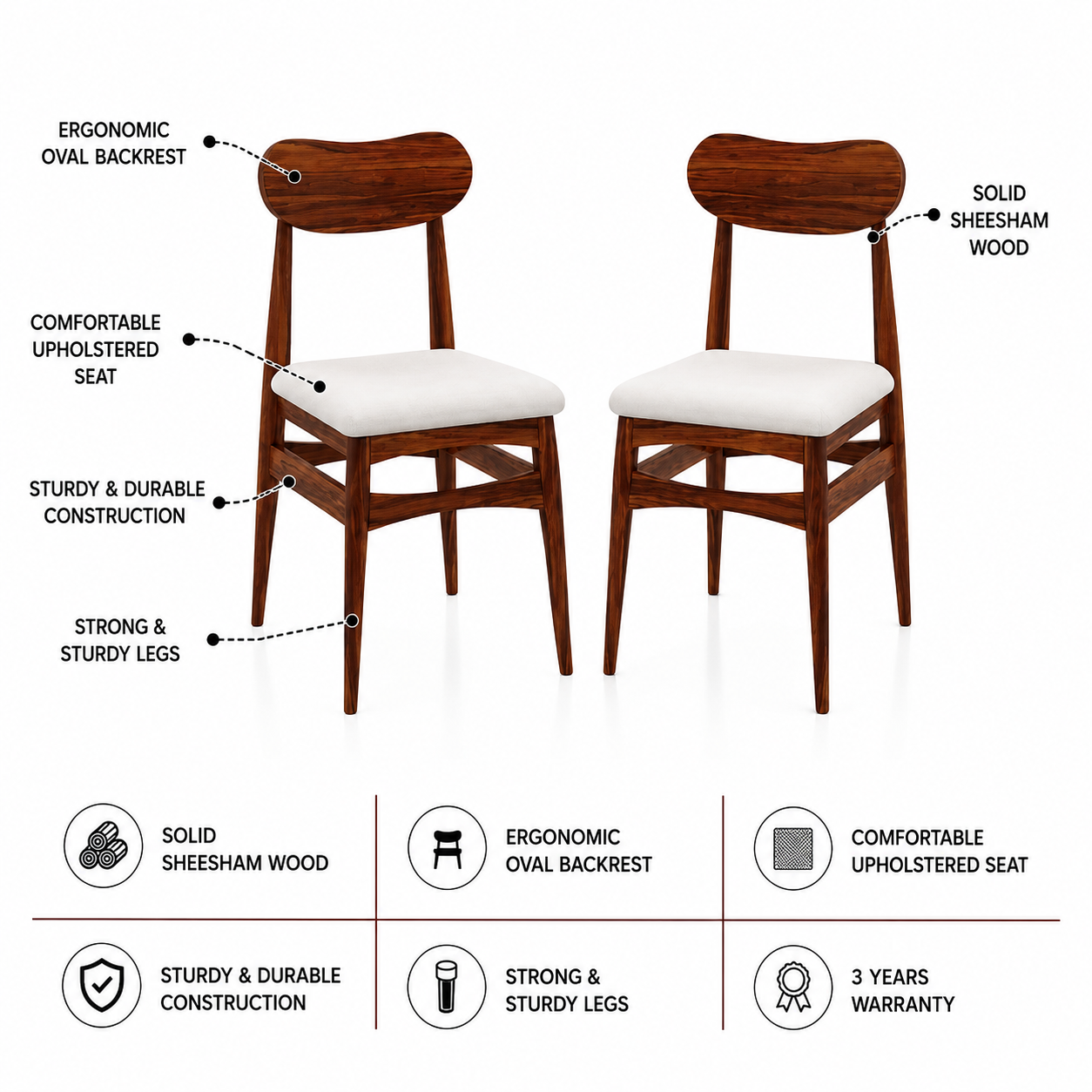 Oval Solid Sheesham Wood Set of-2 Office/Study/Dining Chair - 3 years Warranty features