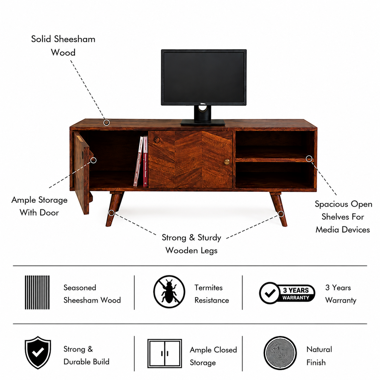 Ronny Solid Sheesham Wood TV Unit - 3 Years Warranty features