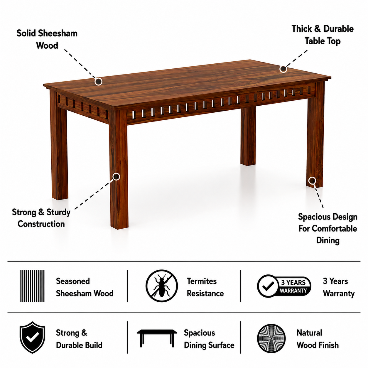 Armania Solid Sheesham Wood 6 Seater Dining Table Set - 3 Years Warranty features
