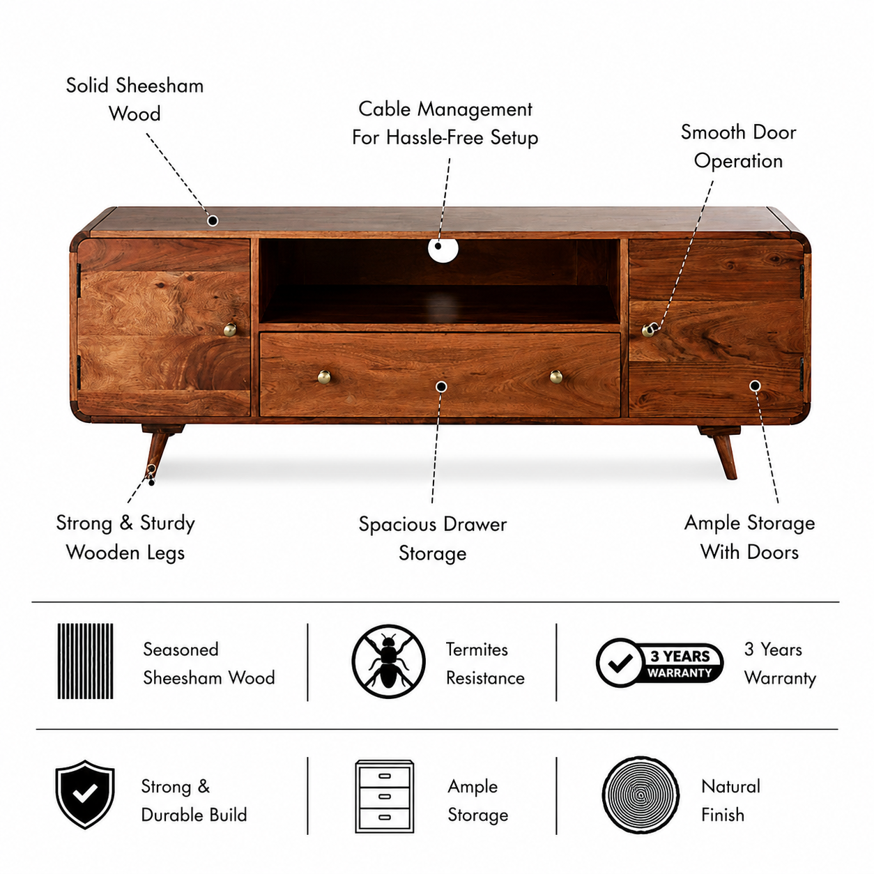 Trace Solid Sheesham Wood TV Unit with Storage - 3 Years Warranty features