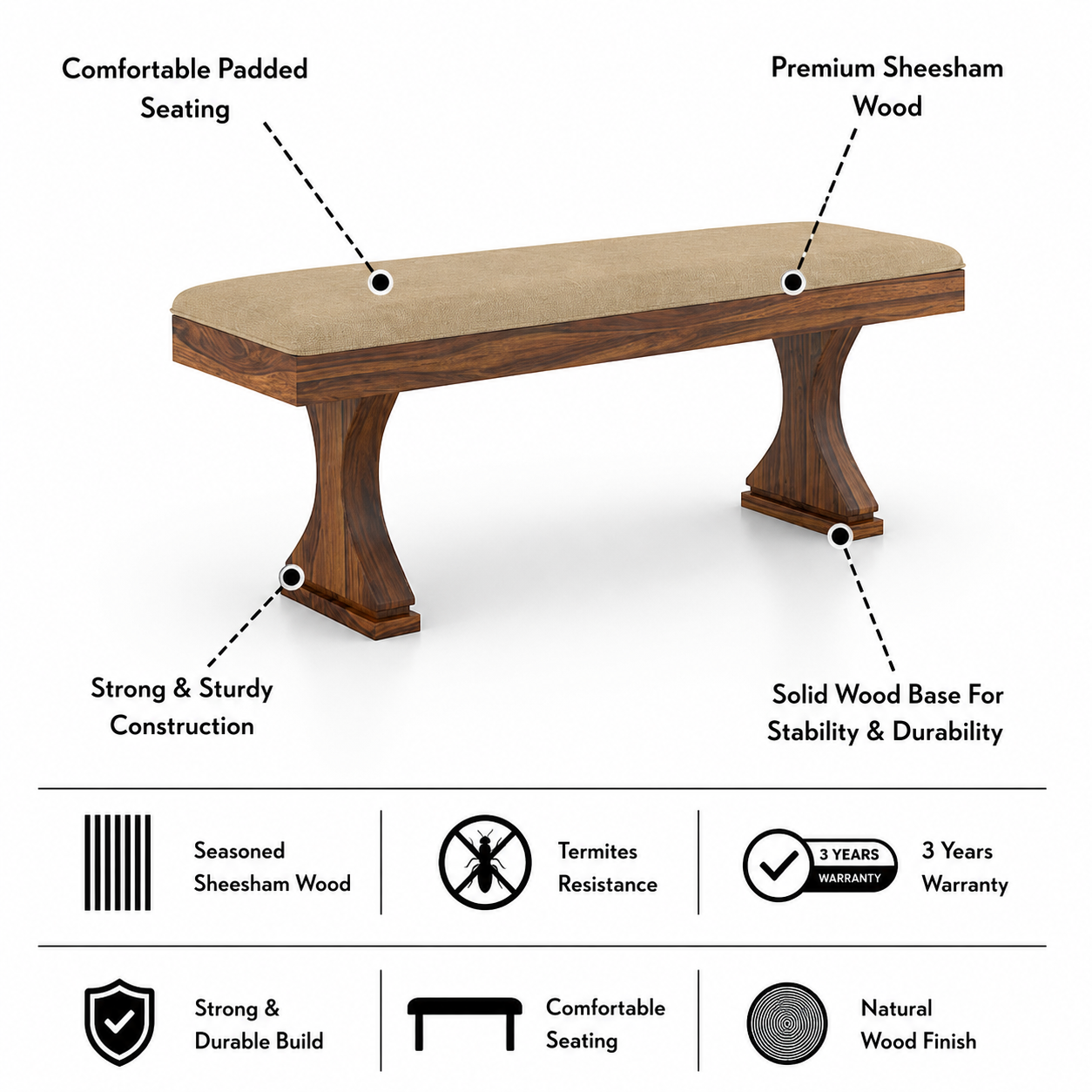 Maron Dining Bench  in Solid Sheesham Wood - 3 Years Warranty features