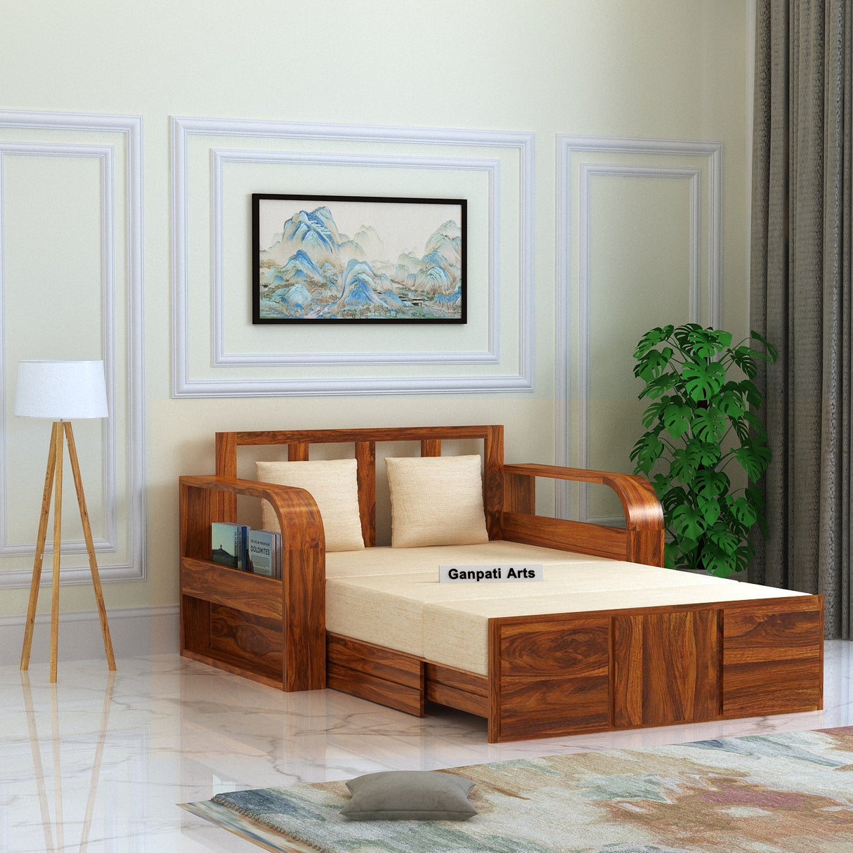 Scott Solid Sheesham Wood 2 Seater Sofa Cum Bed With Mini Storage - 3 Years Warranty