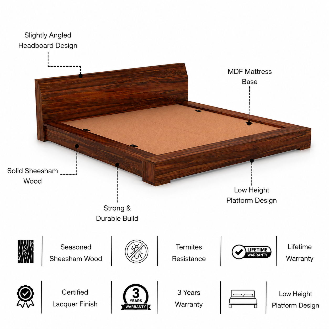 Burly Solid Sheesham Wood Low Height Platform Bed - 3 Years Warranty features