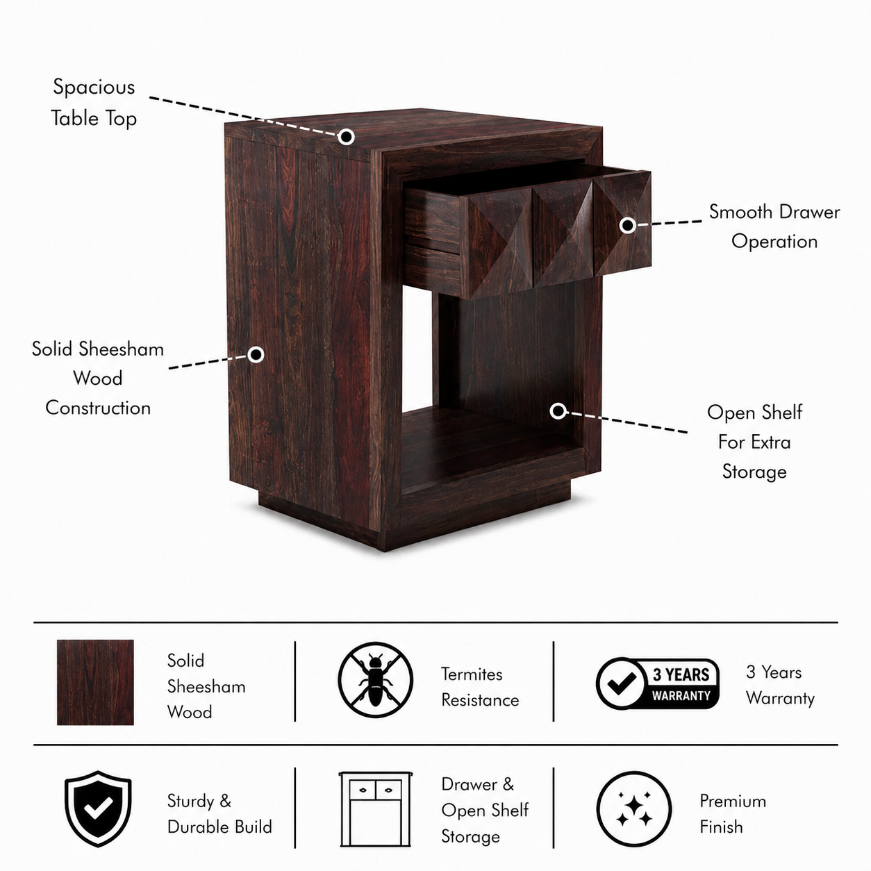 Oslo Solid Sheesham Wood Bedside Table - 3 Year Warranty features