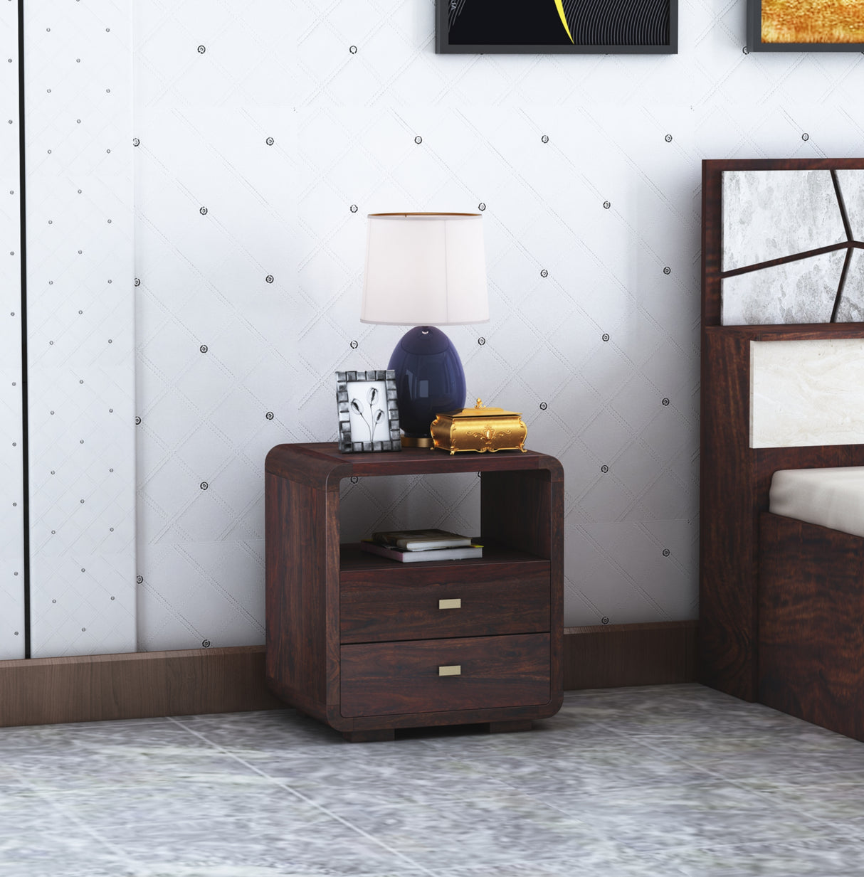Mega Solid Sheesham Wood Bedside Table With Two Drawer Storage - 3 Years Warranty