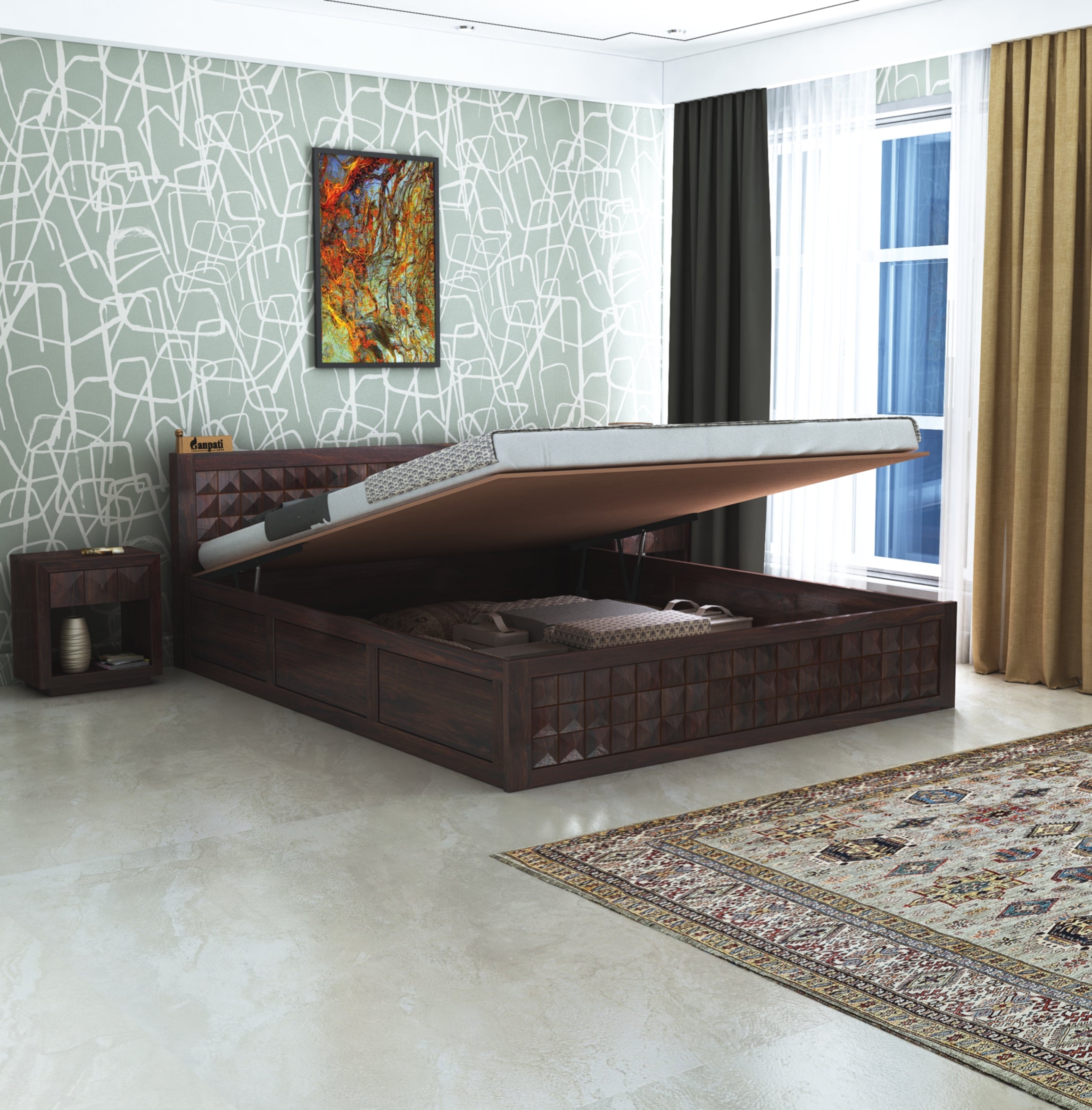 Oslo Diamond Solid Sheesham Wood Hydraulic Storage Bed - 3 Years Warranty