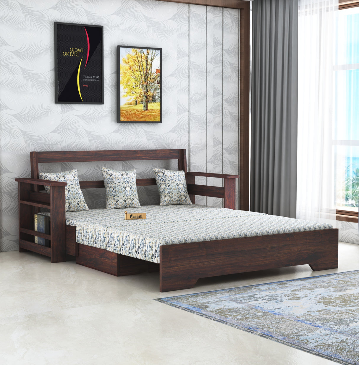 Foster Solid Sheesham Wood 3 Seater Sofa Cum Bed With Side Pockets FLORAL - 3 Years Warranty