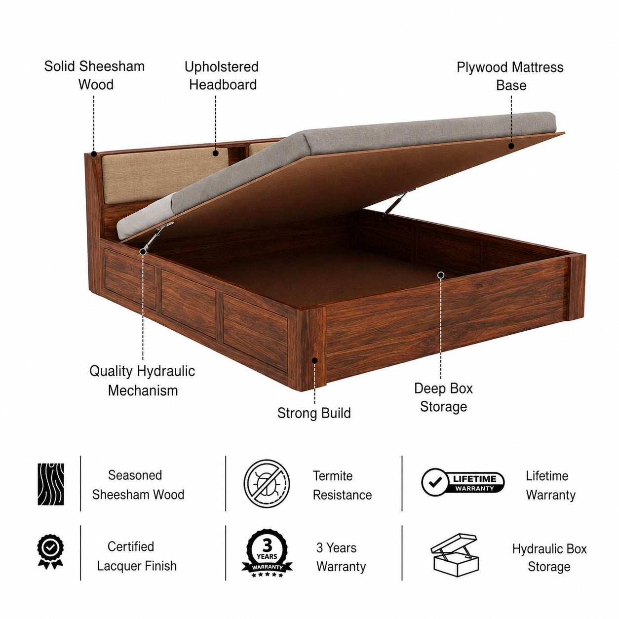 Mayor Hydraulic Storage Bed with Box Storage in Solid Sheesham Wood - 3 Years Warranty features