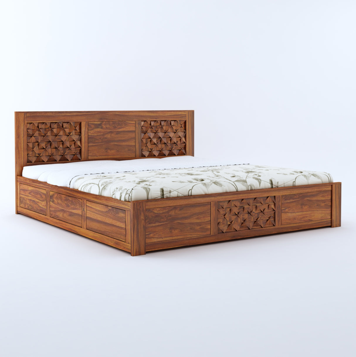 Raj Solid Sheesham Wood Bed With Hydraulic Storage - 3 Years Warranty