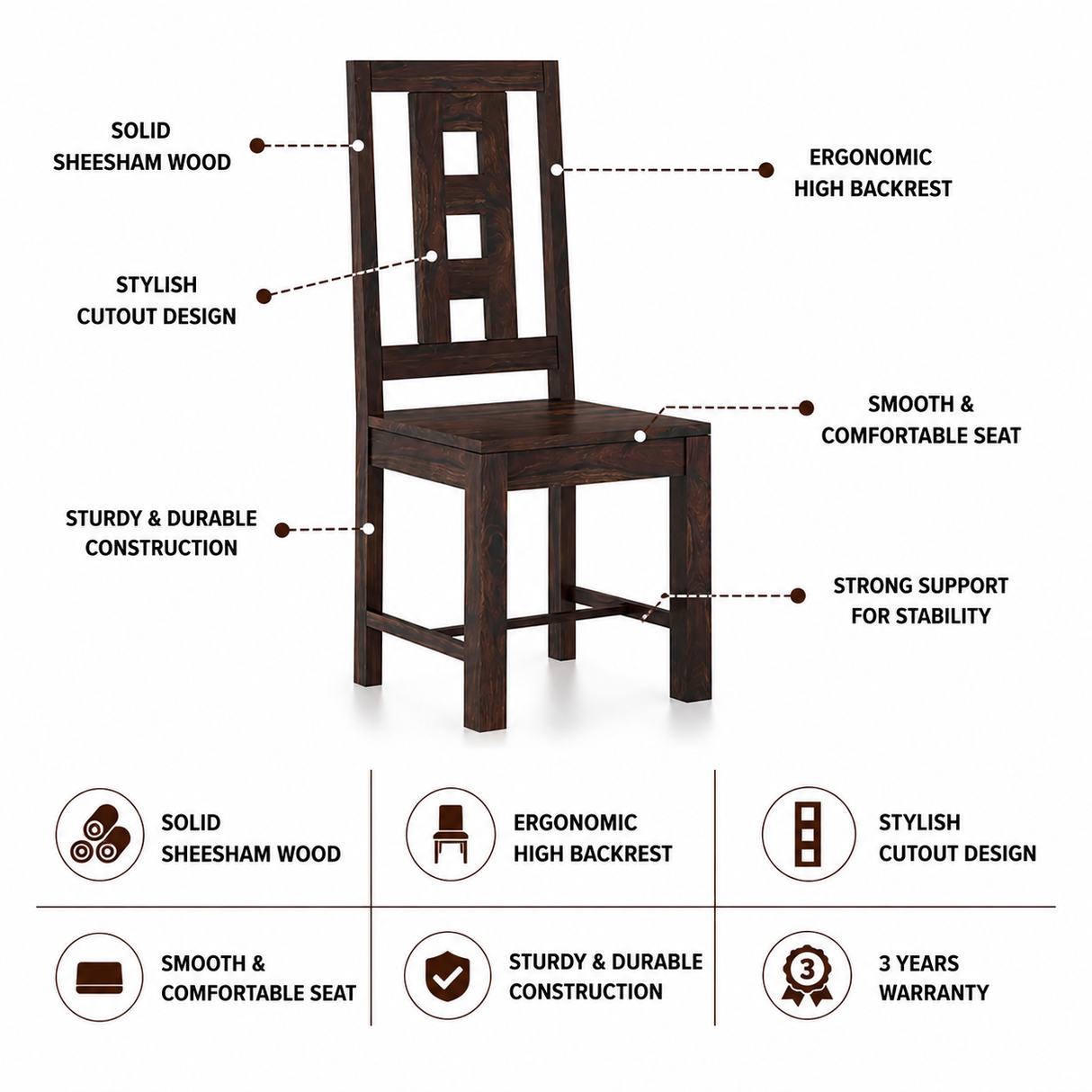 Merin Solid Sheesham Wood Office/Study/Dining Chair - 3 Years Warranty