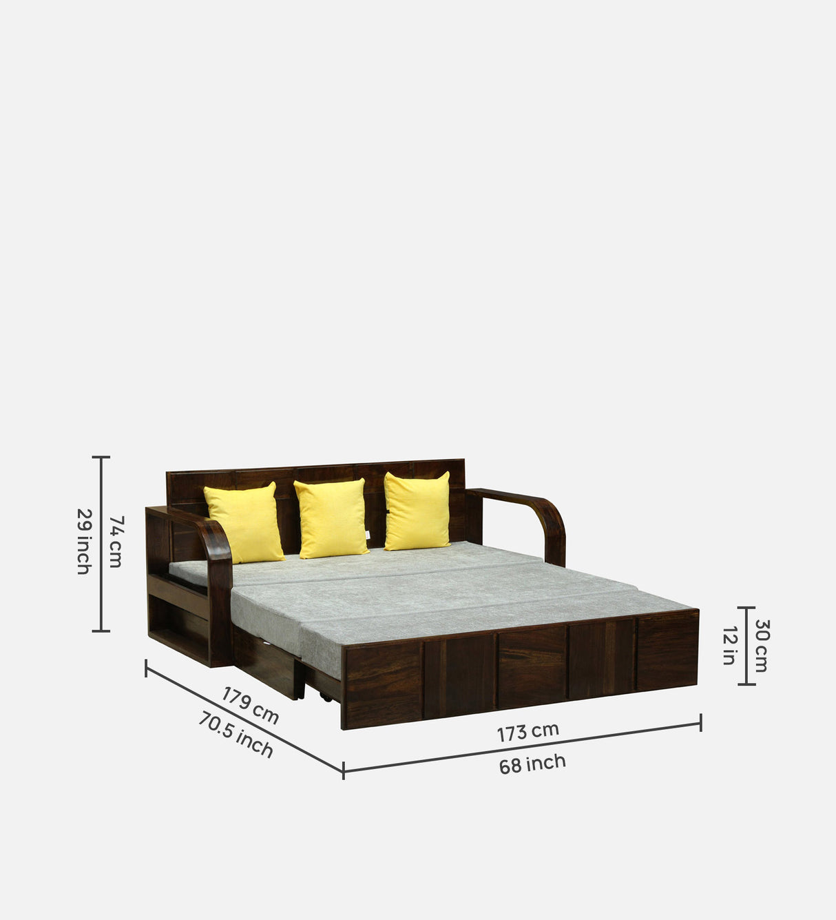 Scott Solid Sheesham Wood 3 Seater Sofa Cum Bed with Headboard Design - 3 Years Warranty