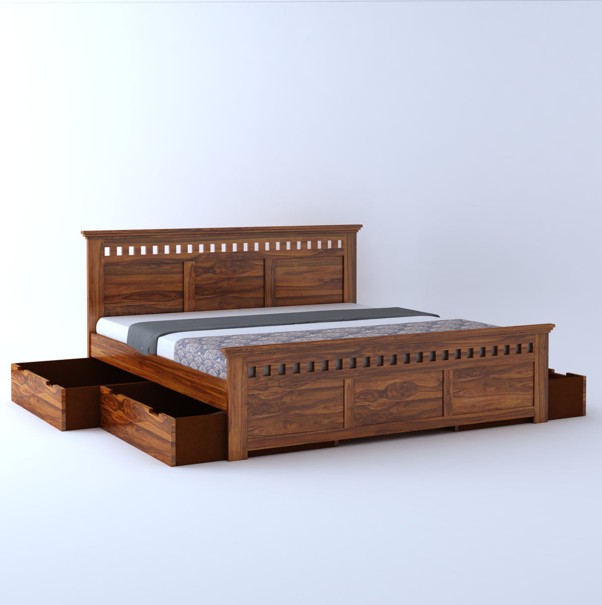 Armania Solid Sheesham Wood Bed With Four Drawer Storage - 3 Years Warranty