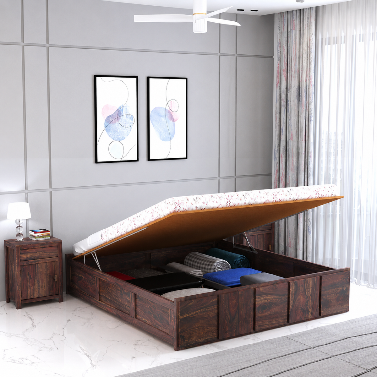 Raj Solid Sheesham Wood Bed With Hydraulic Storage - 3 Years Warranty