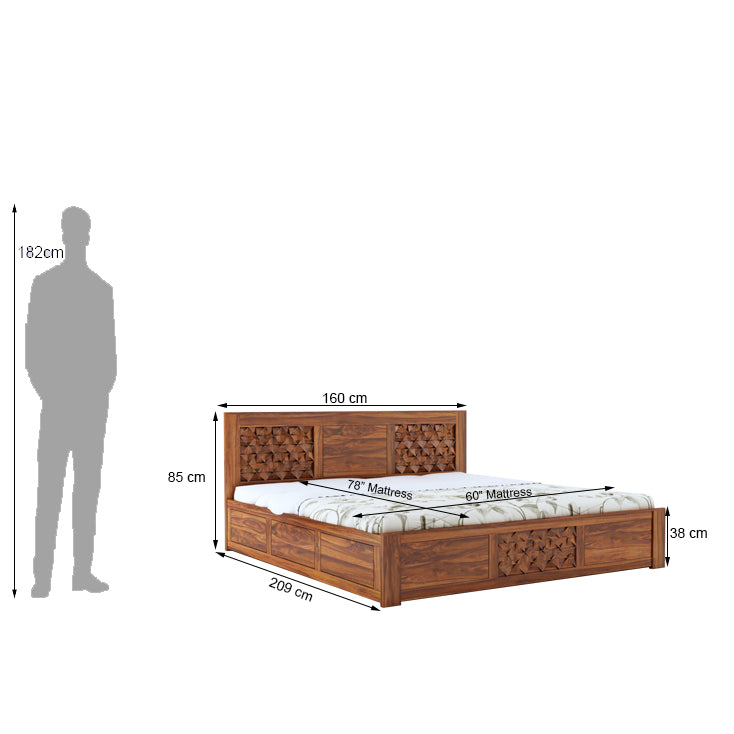 Raj Solid Sheesham Wood Bed With Hydraulic Storage - 3 Years Warranty