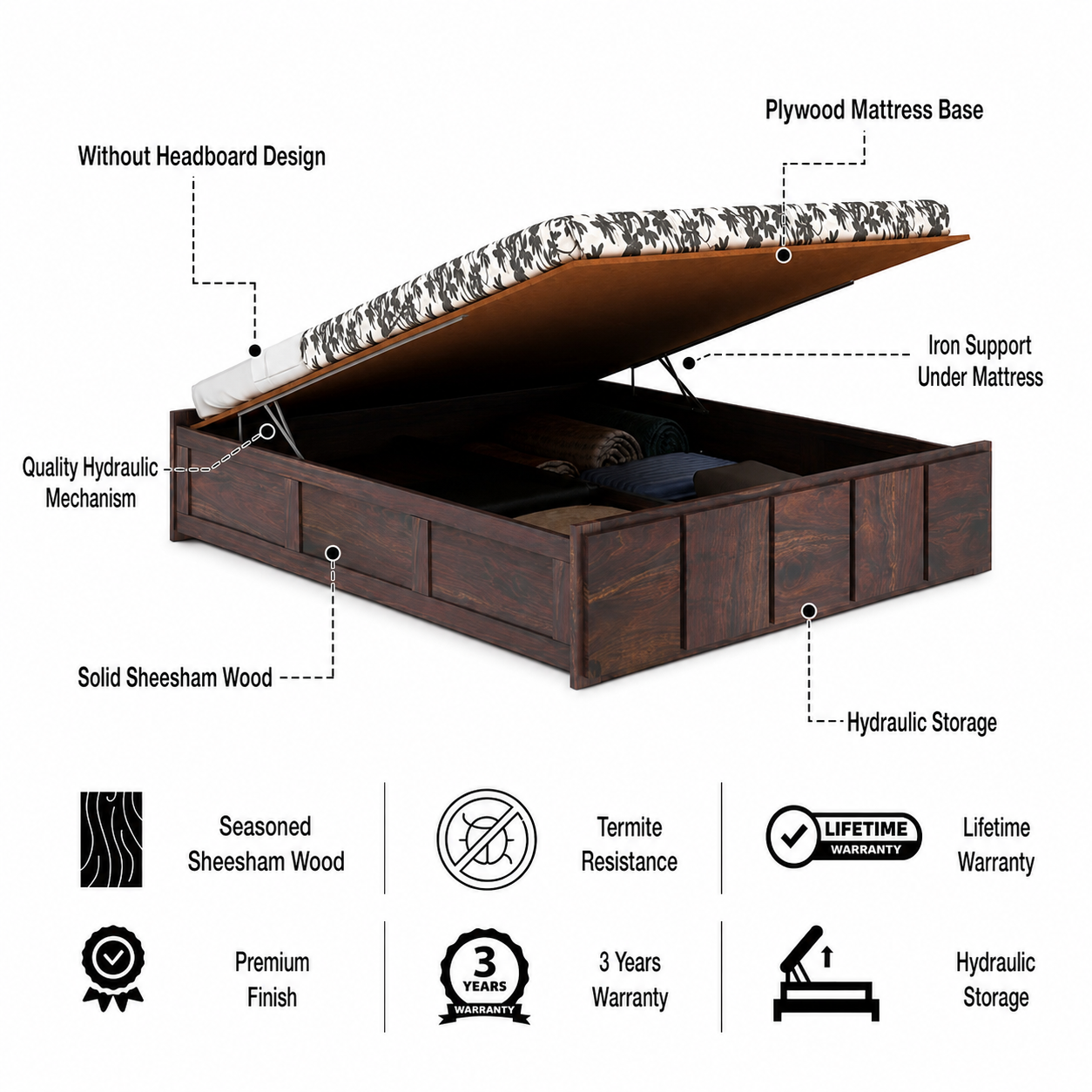 Scott Solid Sheesham Wood Bed With Hydraulic Storage Without Headboard - 3 years Warranty features