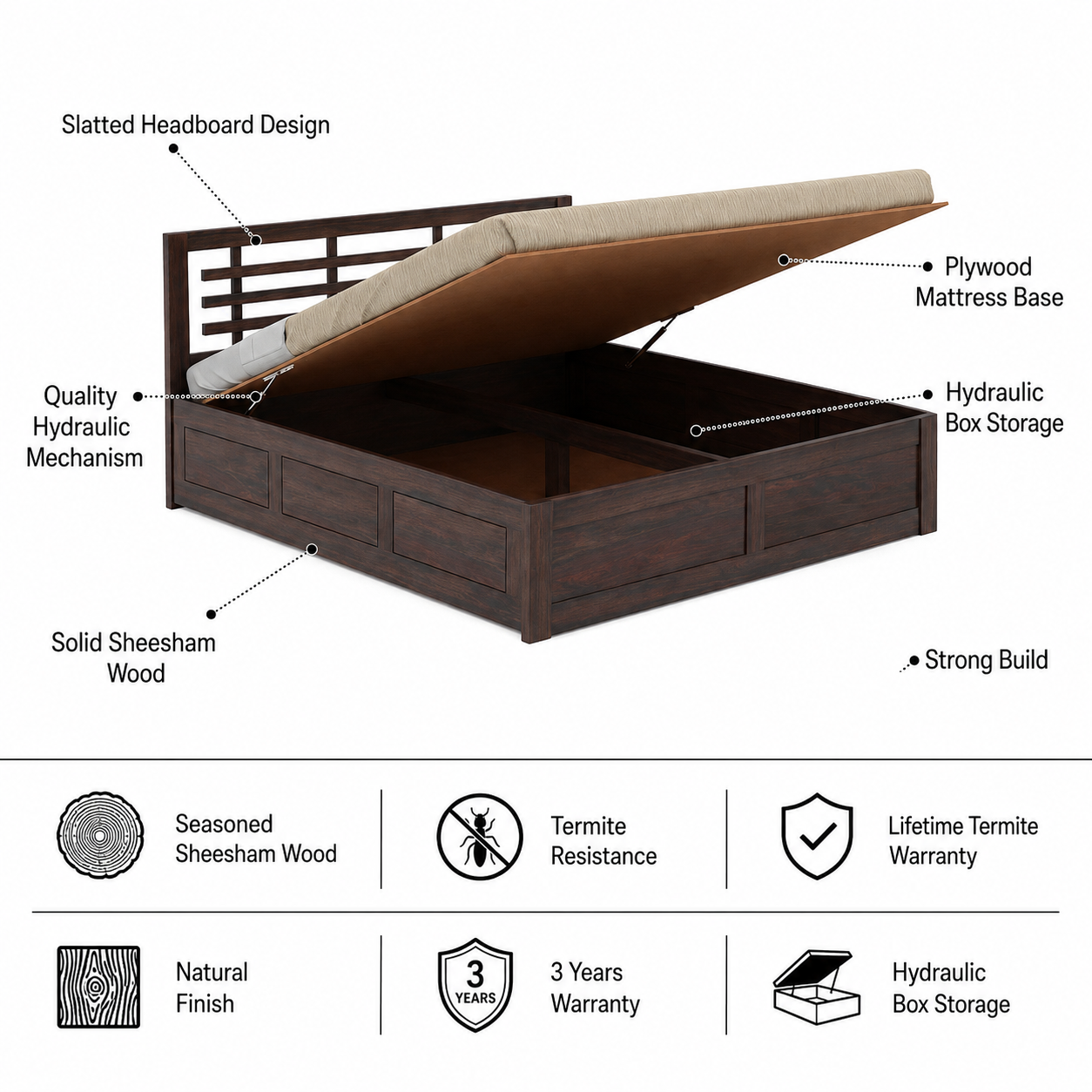 Lyon Solid Sheesham Wood Hydraulic Box Storage Bed - 3 Years Warranty features
