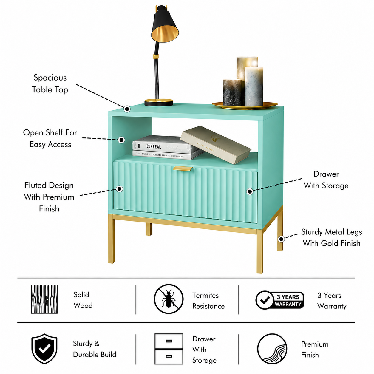 VENUS Solid Wood Bedside Table - 3 Years Warranty (LUXE EDITION) features