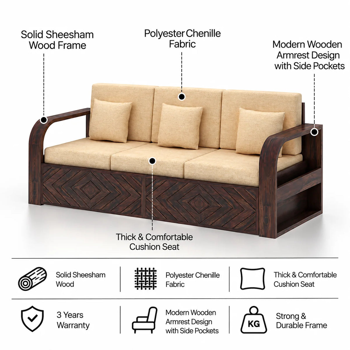 Wave Solid Sheesham Wood 3 Seater Sofa With Side Pockets - 3 Years Warranty