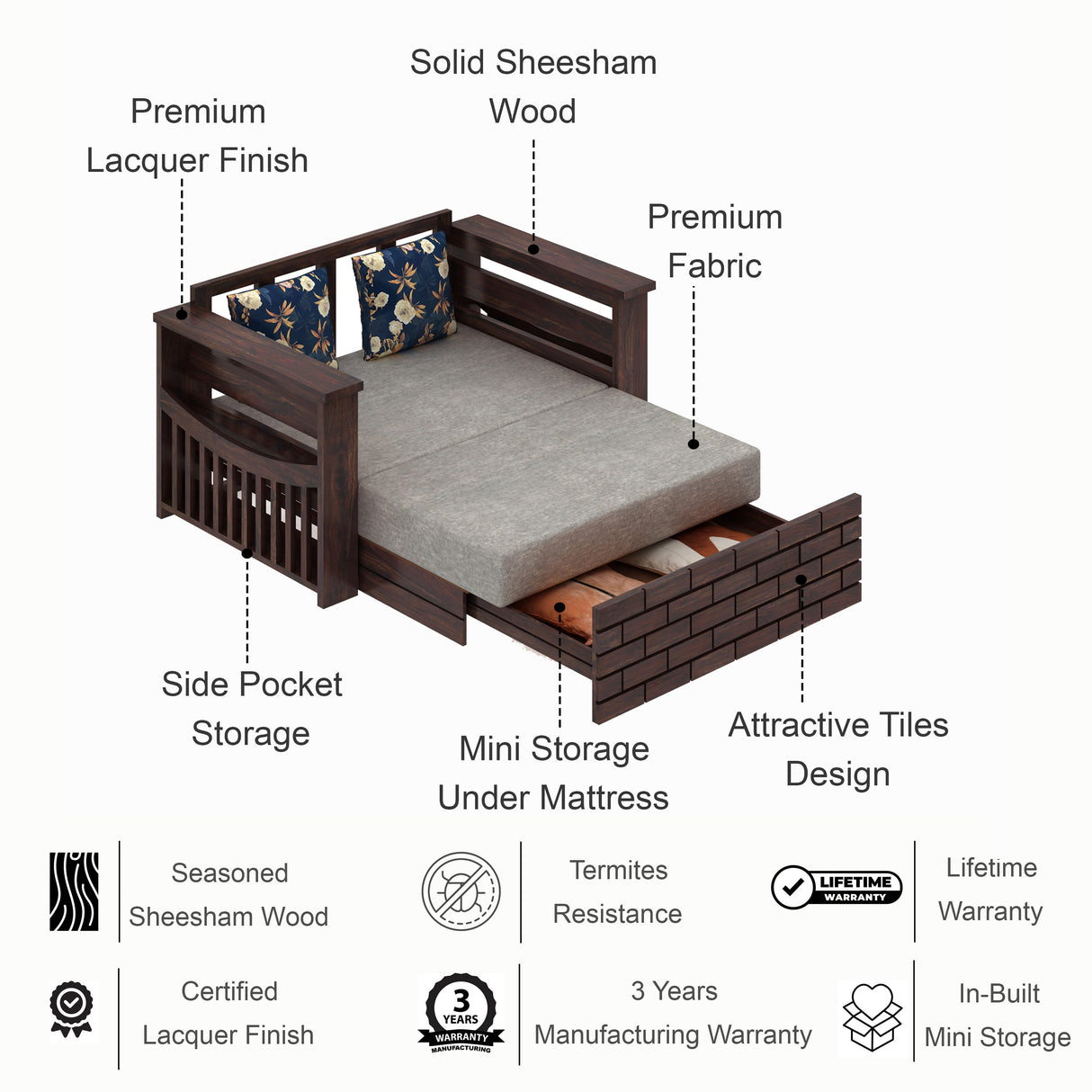 Italian Solid Sheesham Wood 2 Seater Sofa Cum Bed With Side Pockets - 3 Years Warranty