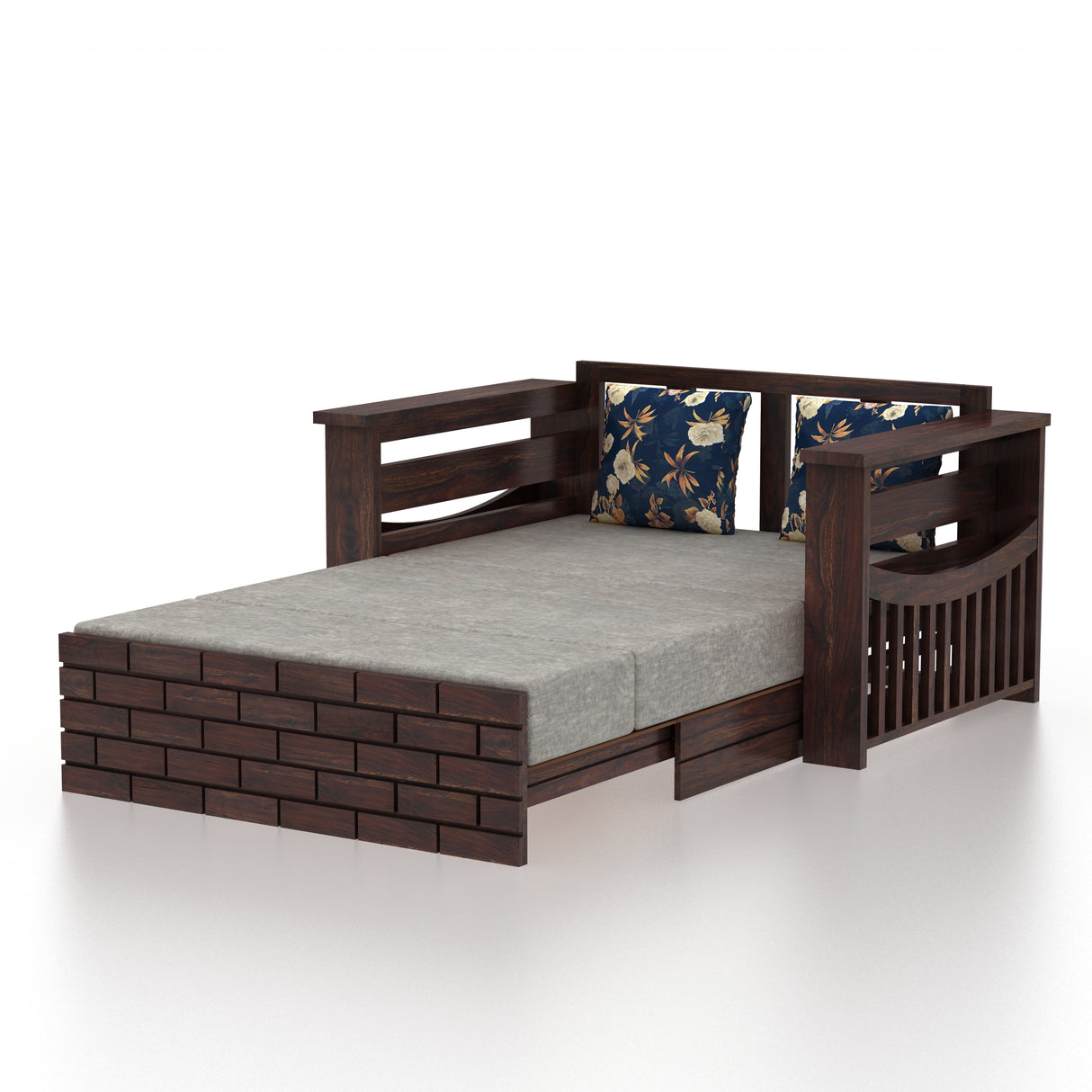 Italian Solid Sheesham Wood 2 Seater Sofa Cum Bed With Side Pockets - 3 Years Warranty