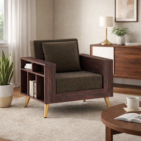 Bolt Solid Sheesham Wood Single Seater Sofa With Side Storage - 3 Year Warranty (LUXE EDITION)