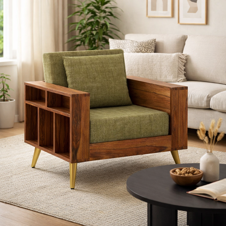 Bolt Solid Sheesham Wood Single Seater Sofa With Side Storage - 3 Year Warranty (LUXE EDITION)