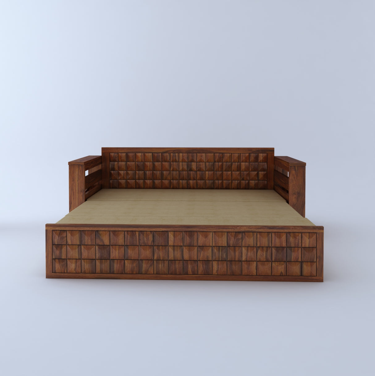 OSLO Solid Sheesham Wood 3 Seater Sofa Cum Bed With Headboard and Mini Storage - 3 Years Warranty