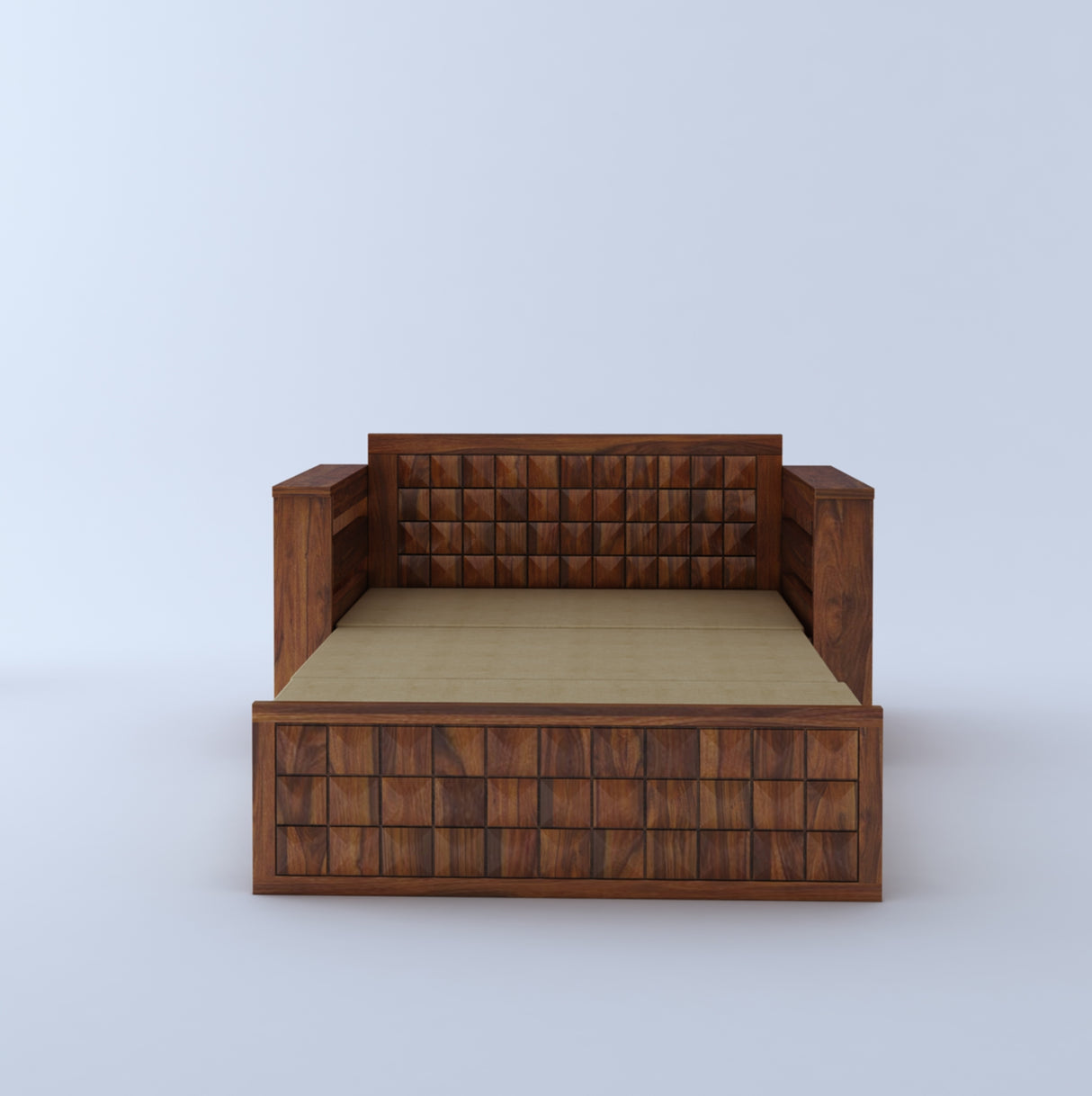 OSLO Solid Sheesham Wood 2 Seater Sofa Cum Bed With Headboard and Mini Storage - 3 Years Warranty