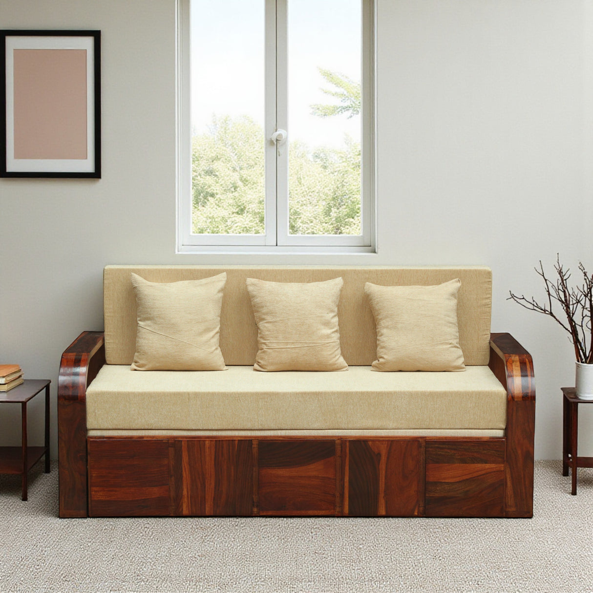 Scott Solid Sheesham Wood 3 Seater Sofa Cum Bed with Headboard Design - 3 Years Warranty
