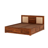 Swiss Solid Sheesham Wood Box Storage Bed With Upholstered Backrest - 3 years Warranty