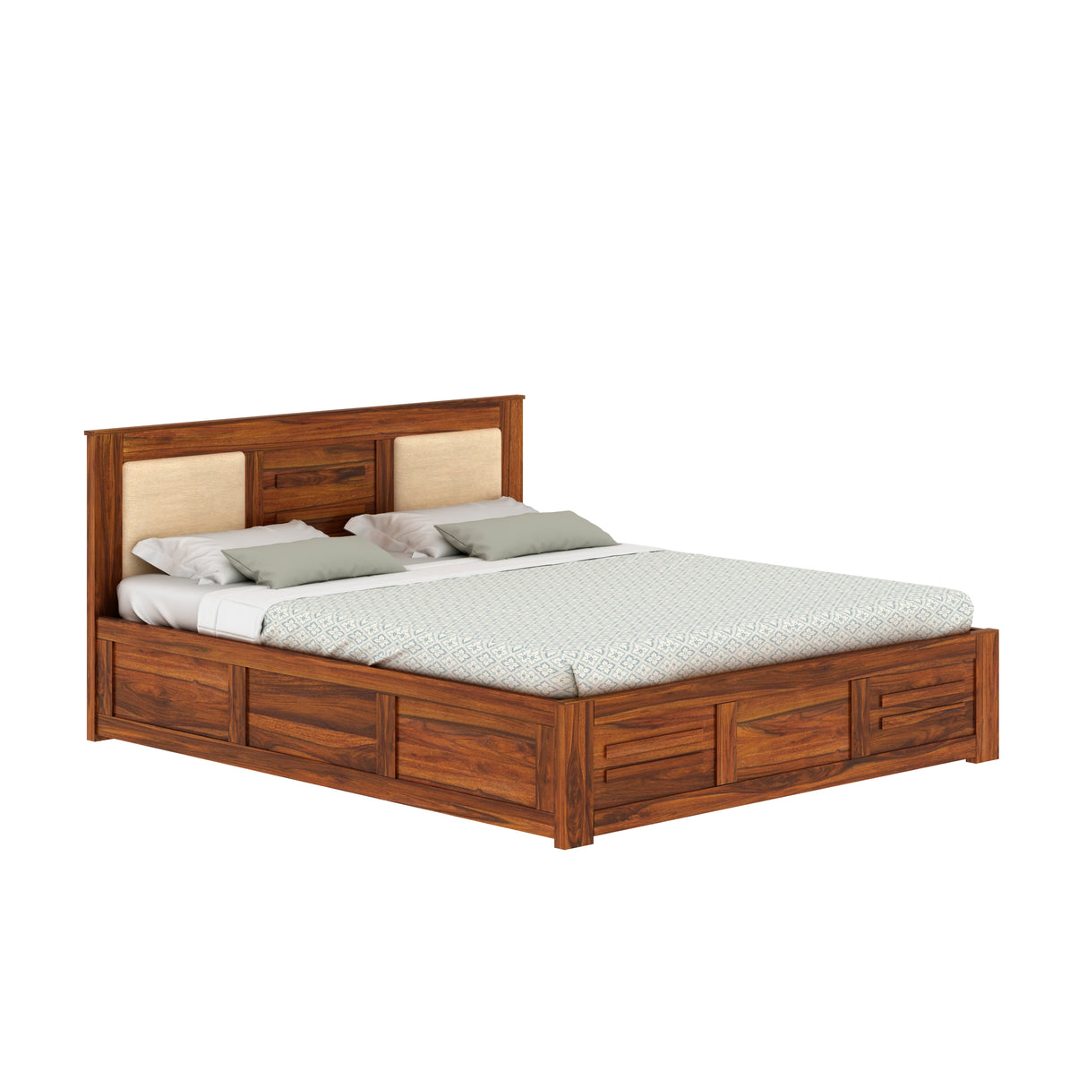 Swiss Solid Sheesham Wood Box Storage Bed With Upholstered Backrest - 3 years Warranty