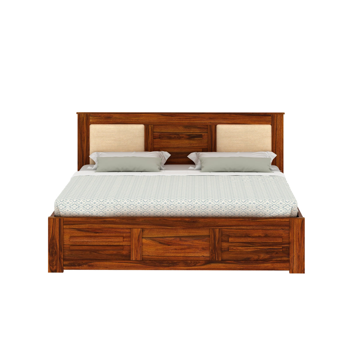 Swiss Solid Sheesham Wood Box Storage Bed With Upholstered Backrest - 3 years Warranty