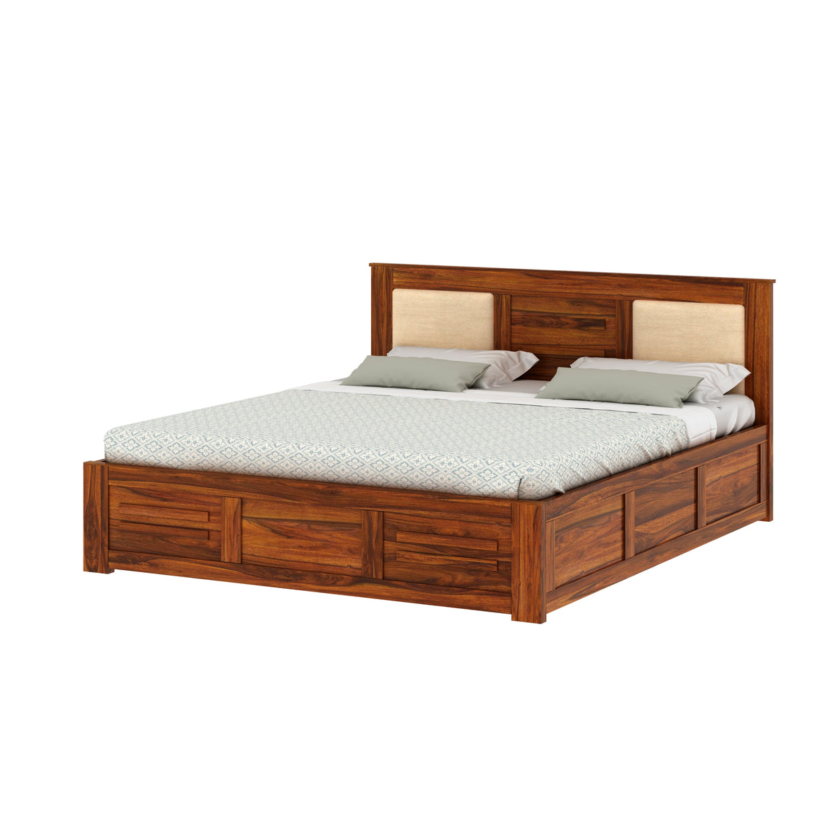 Swiss Solid Sheesham Wood Box Storage Bed With Upholstered Backrest - 3 years Warranty