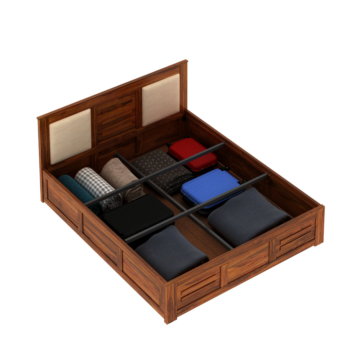 Swiss Solid Sheesham Wood Box Storage Bed With Upholstered Backrest - 3 years Warranty