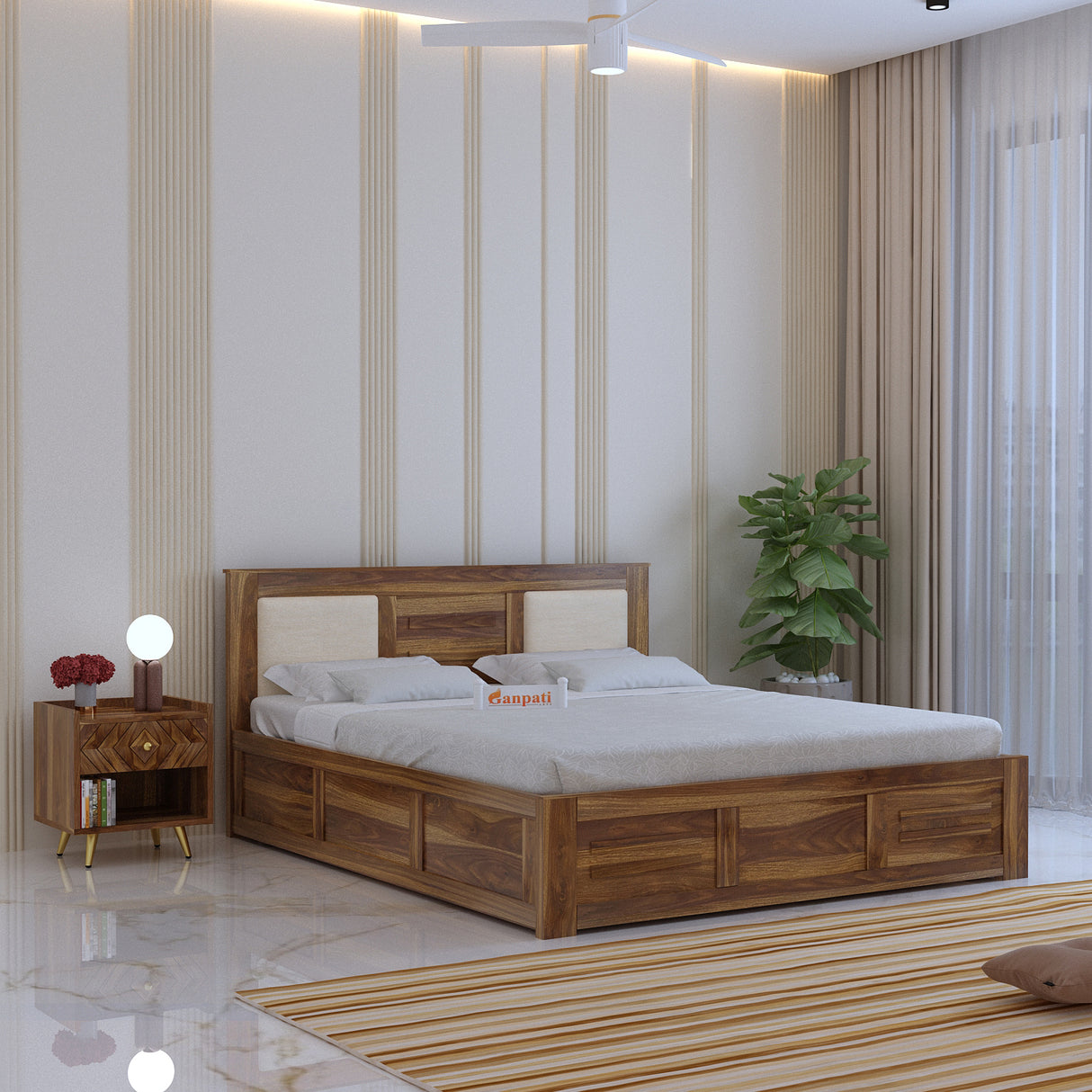 Swiss Solid Sheesham Wood Box Storage Bed With Upholstered Backrest - 3 years Warranty