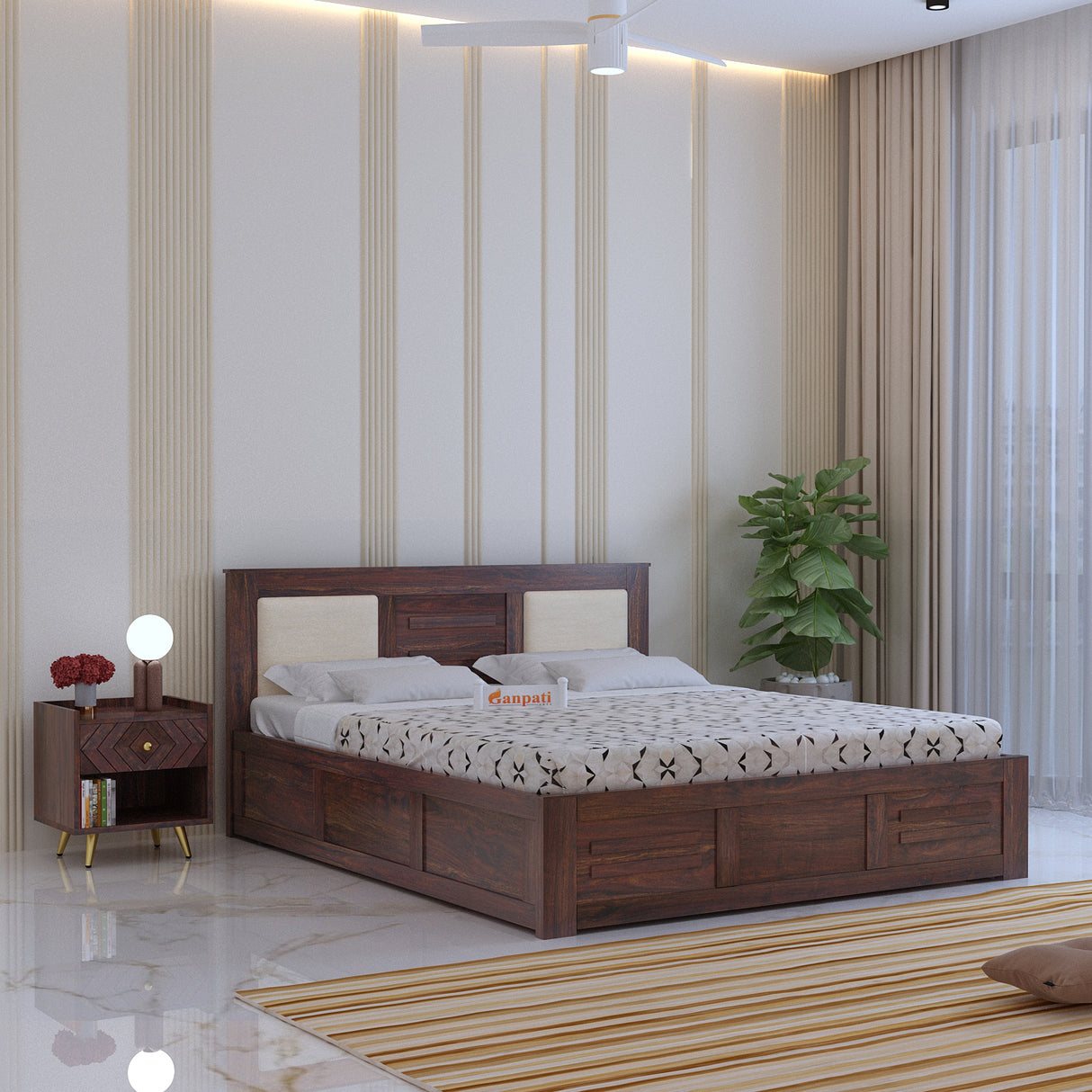 Swiss Solid Sheesham Wood Box Storage Bed With Upholstered Backrest - 3 years Warranty