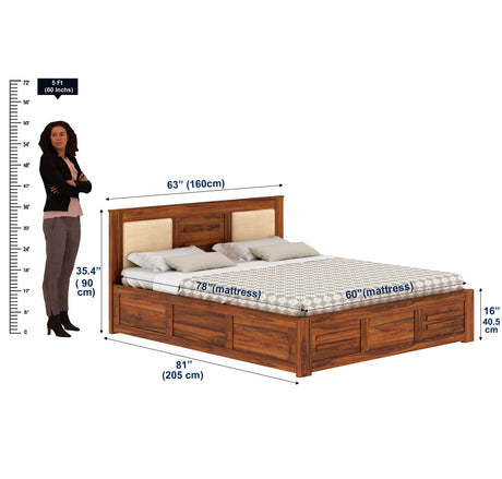 Swiss Solid Sheesham Wood Hydraulic Storage Bed with Upholstered Backrest - 3 years Warranty
