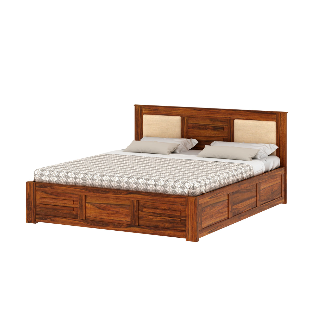 Swiss Solid Sheesham Wood Hydraulic Storage Bed with Upholstered Backrest - 3 years Warranty
