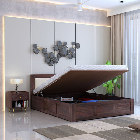 Swiss Solid Sheesham Wood Hydraulic Storage Bed with Upholstered Backrest - 3 years Warranty