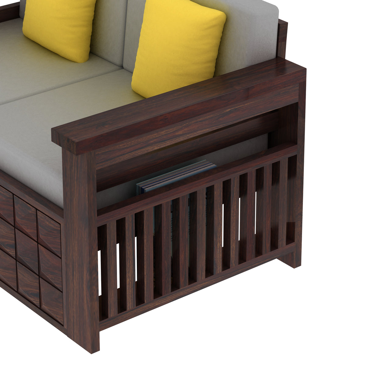 Oslo Solid Sheesham Wood 2 Seater Sofa With Side Pockets - 3 Years Warranty