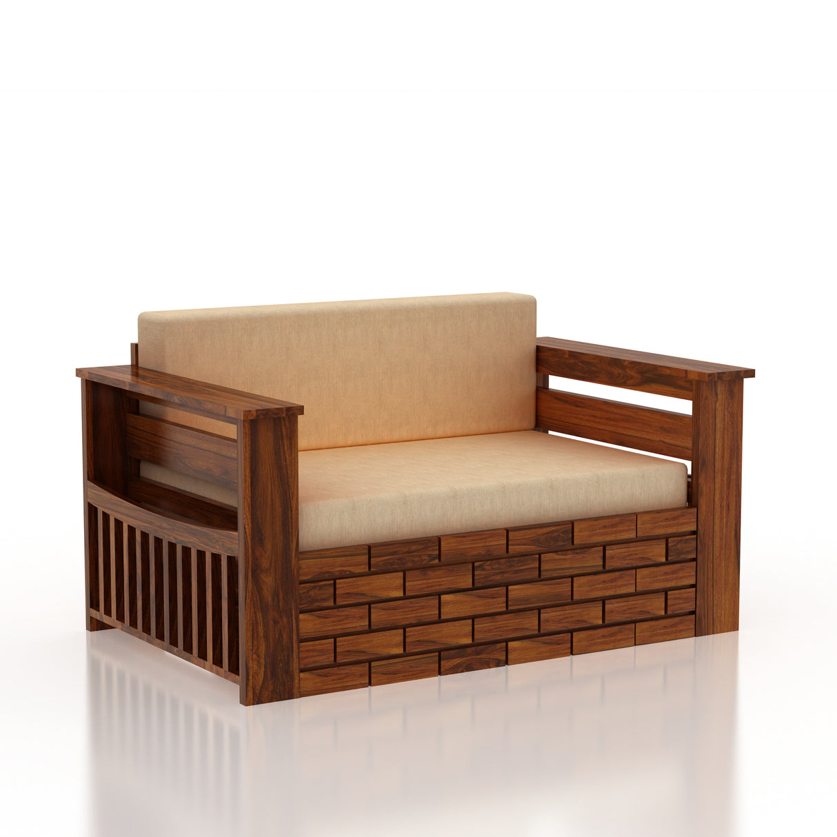 Italian Solid Sheesham Wood 2 Seater Sofa Cum Bed With Side Pockets - 3 Years Warranty