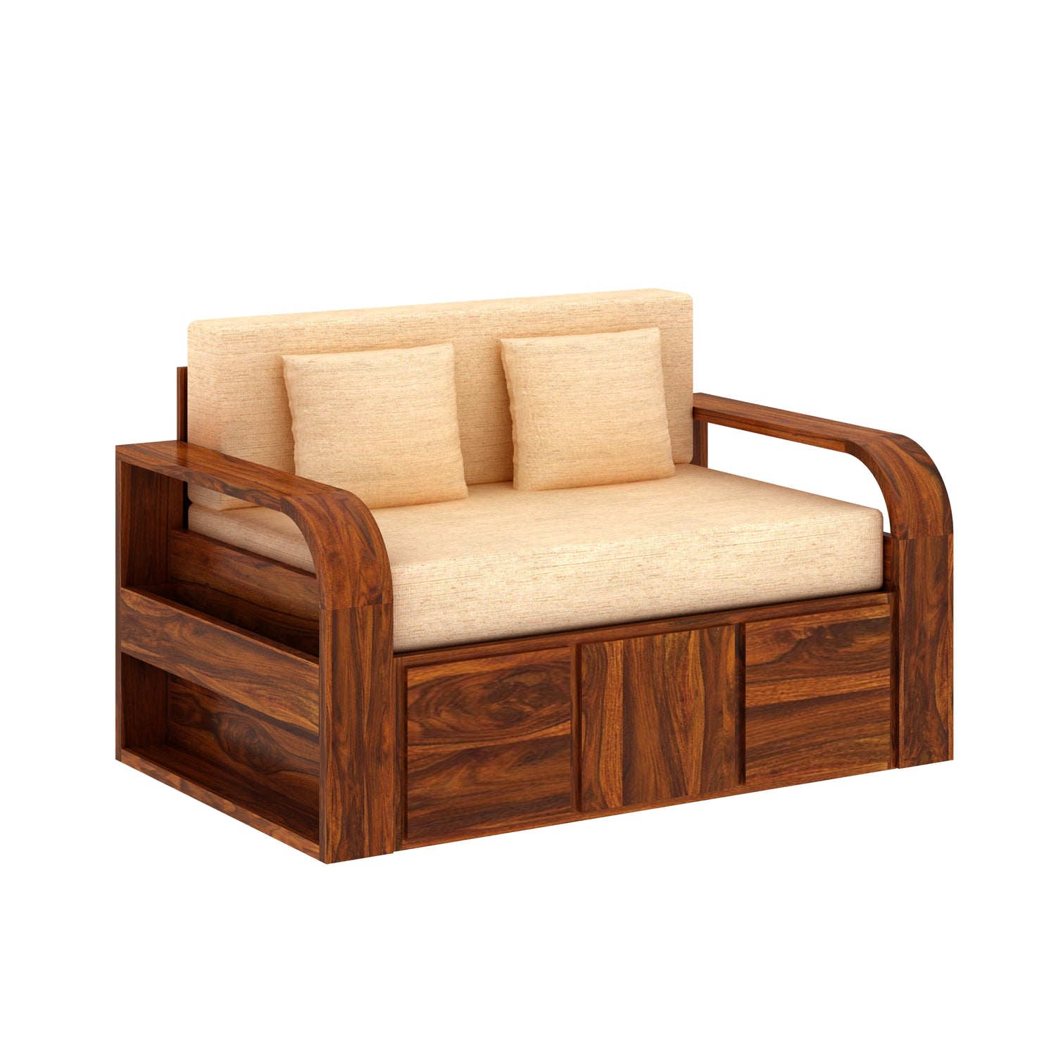 Scott Solid Sheesham Wood 2 Seater Sofa Cum Bed With Headboard and Mini Storage - 3 Years Warranty