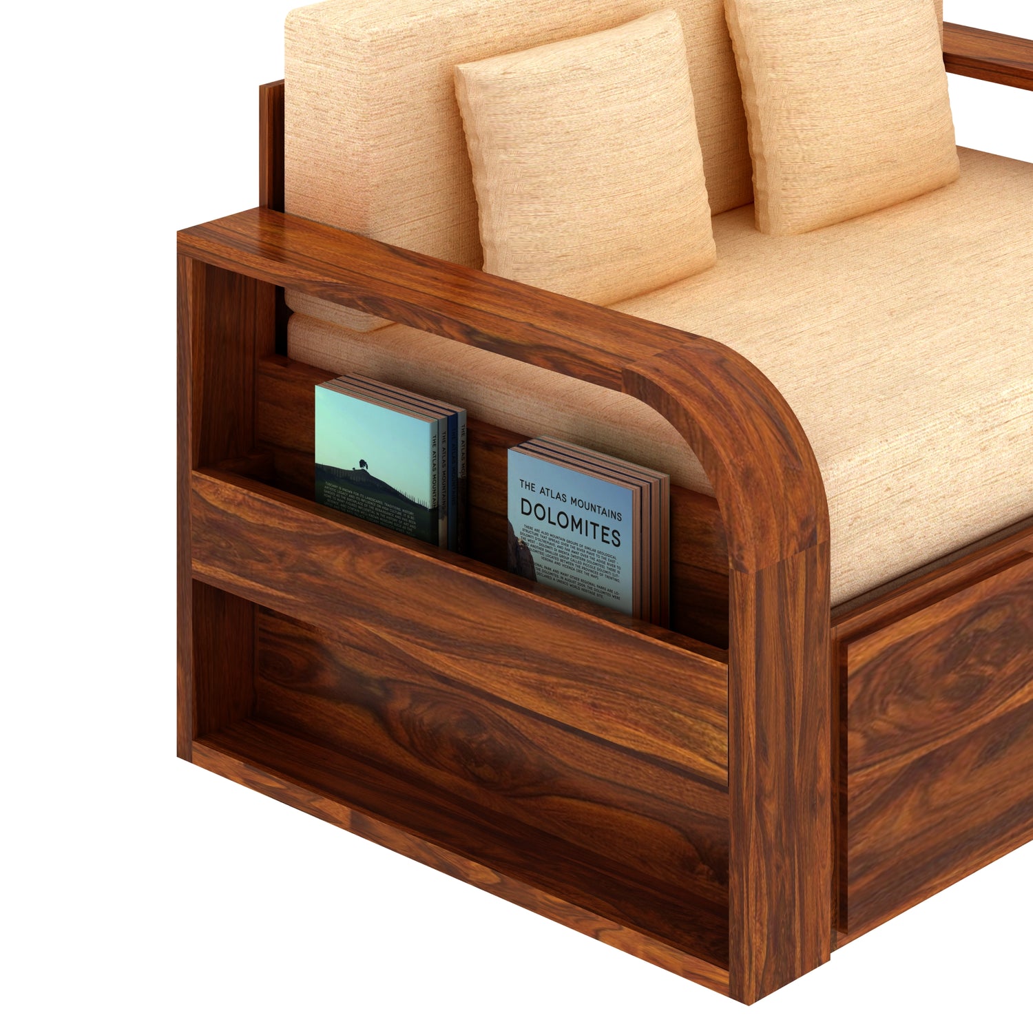 Scott Solid Sheesham Wood 2 Seater Sofa Cum Bed With Headboard and Mini Storage - 3 Years Warranty